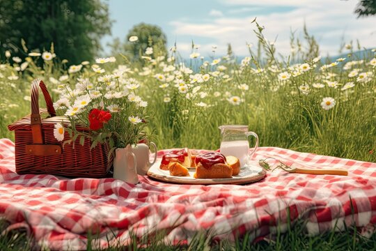 Romantic Picnic in the Grass Photo: A really lovely view of a lovely picnic in the grass

 Generative AI,