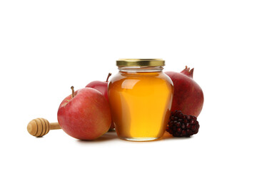 PNG, apples, pomegranate and jar of honey, isolated on white background