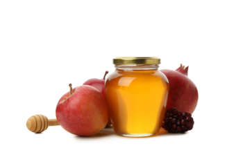 PNG, apples, pomegranate and jar of honey, isolated on white background