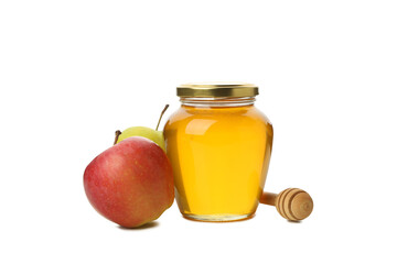 PNG, apples and jar of honey, isolated on white background