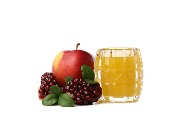 PNG, jar of honey, apple and pomegranate, isolated on white background