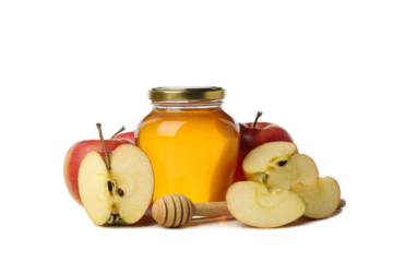 PNG, jar of honey and apples, isolated on white background
