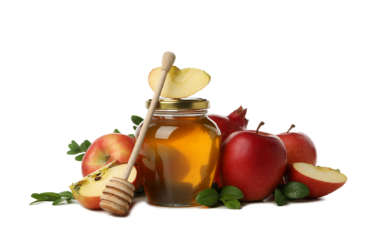 PNG, jar of honey, apples and pomegranate, isolated on white background - Powered by Adobe
