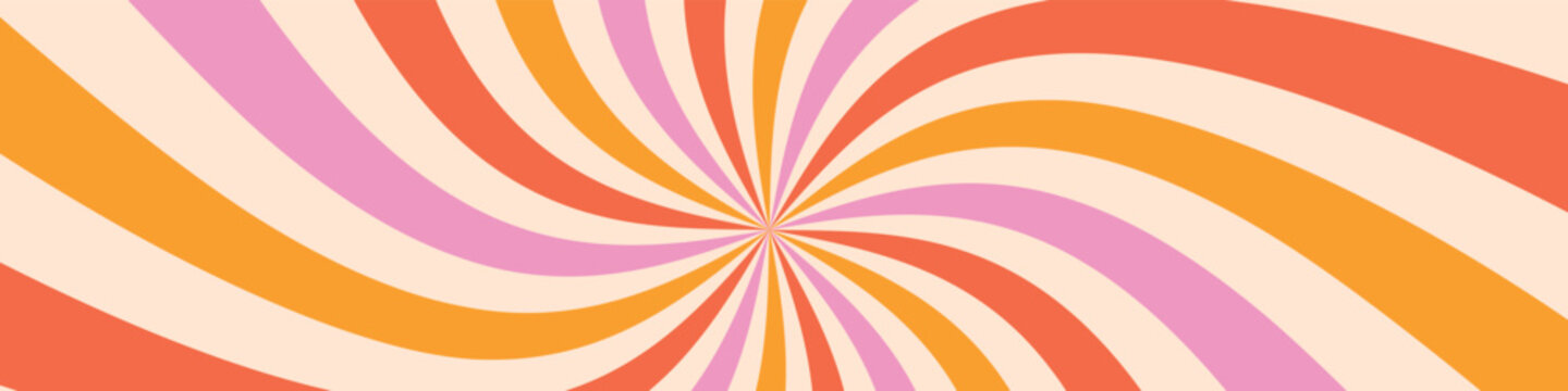 Groovy 70s background, retro sun and carnival motifs. Vintage swirls with abstract rays and a rainbow border. Pink graphic vintage circle . Flat vector illustration isolated