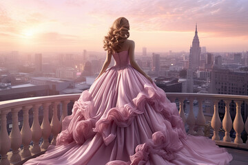 A woman in a flowing ball gown standing on a rooftop  - obrazy, fototapety, plakaty