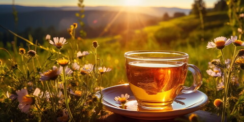 cup of chamomile tea on window top view beautiful floral morning landscape  blurred light
