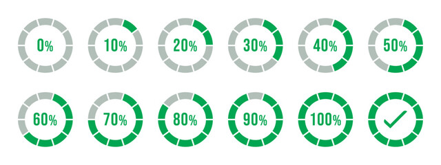 Percentage infographics in green color. Circle loading and circle progress collection. Set of circle percentage diagrams for infographics 0 10 20 30 40 50 60 70 80 90 100 percent in green color. - obrazy, fototapety, plakaty