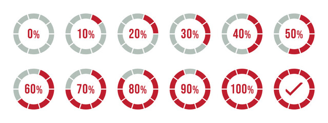 Percentage infographics in red color.  Circle loading and circle progress collection. Set of circle percentage diagrams for infographics 0 10 20 30 40 50 60 70 80 90 100 percent in red color.