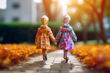 Fototapeta premium Children walk origami. Generate Ai