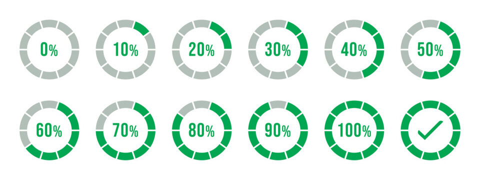 Percentage infographics in green color. Circle loading and circle progress collection. Set of circle percentage diagrams for infographics 0 10 20 30 40 50 60 70 80 90 100 percent in green color.