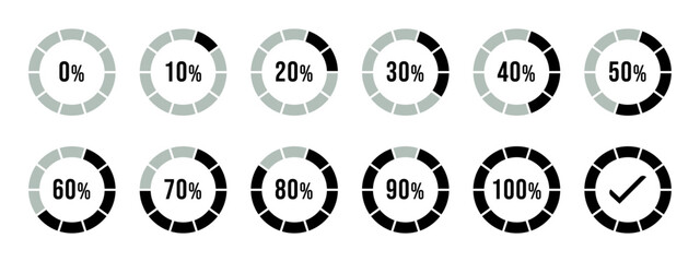 Percentage loading infographics in black color. Circle loading and circle progress collection. Set of circle percentage diagrams for infographics, 0 10 20 30 40 50 60 70 80 90 100 percent in black. - obrazy, fototapety, plakaty