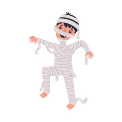 Happy Boy at Halloween Party in Mummy Costume Vector Illustration