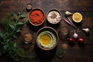Fototapeta na wymiar top view of hummus ingredients on a wooden table