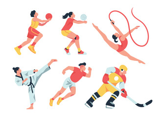 Sport collection vector illustration of a variety of sports vectors, including basketball, volleyball, gymnastics, karate, running, and ice hockey