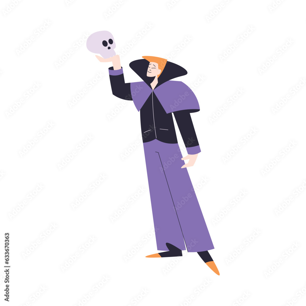 Sticker Happy Man at Halloween Party Standing in Costume with Skull Vector Illustration