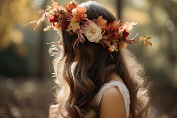 Naklejka premium Close up of the bride's flower crown featuring fall foliage and delicate blooms. 
