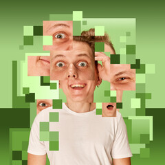 Young man expressing different facial expression on green background. Puzzle effect. Creative conceptual design. Concept of psychology, diversity of human emotions, feelings, surrealism.