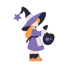 Happy Girl at Halloween Party Standing in Witch Costume with Bag Vector Illustration