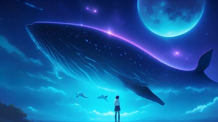 moon and stars with whale