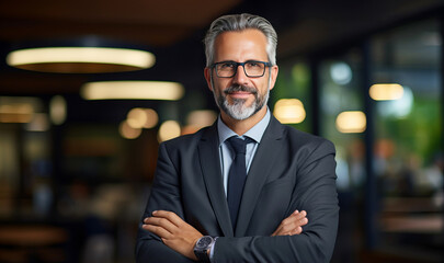 Fototapeta premium Senior business man stands in an office looking at the camera