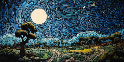 a painting showing a countryside at night,  generative ai