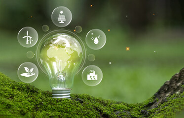 Renewable Energy. Light bulb with icons energy sources for renewable, sustainable development....