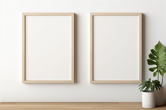 Vertical wooden frame mock up on beige floor. Set of two wooden frame mock up poster. 
