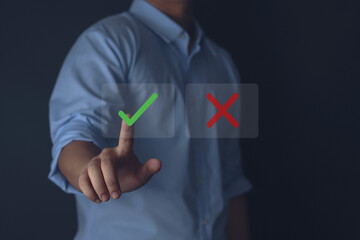 Businessmen think and choose between right and wrong symbols. True and False symbols accept...