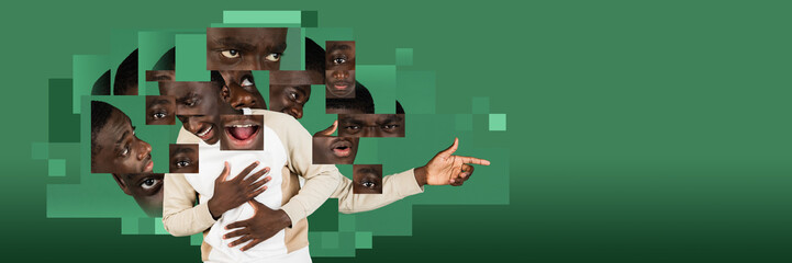 Young african guy expressing different emotions of happiness, anger, calmness on green background. Creative conceptual design. Concept of psychology, diversity of human emotions, feelings, surrealism.