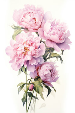 Sweet pink flowers, Pink Peony flowers bouquet watercolor paint on white background by Generative AI