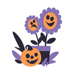 Flowers in Pot and Pumpkin as Halloween Trick or Treat Night Party Element Vector Illustration