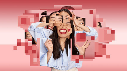 Young woman expressing different emotions of happiness, anger, shock, tiredness on pink background. Creative conceptual design. Concept of psychology, diversity of human emotions, feeling, surrealism.