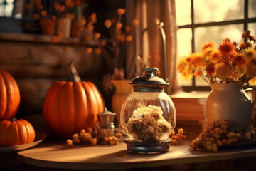 Obraz na płótnie Canvas Pumpkin and vase with flowers near window at home, autumn season