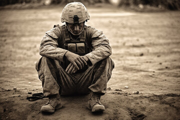 Illustration of soldier in uniform with ptsd and depression - obrazy, fototapety, plakaty