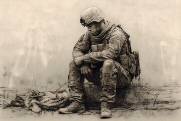 Illustration of soldier in uniform with ptsd and depression