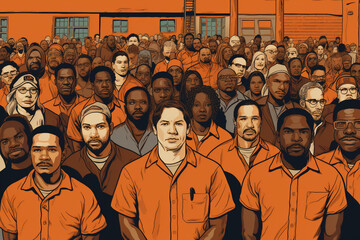 illustration of a group of inmates in prison wearing orange clothing - obrazy, fototapety, plakaty
