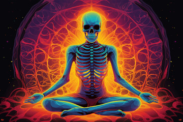 Human skeleton meditating in lotus pose. Man meditating in lotus position. Meditation in fantasy world. Glowing light. Concept Psychological Health. Symbol of calm. Pure mind. Pacification. Vector art
