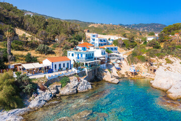 Aerial drone photo of picturesque small village of Gialiskari, Ikaria island, Aegean, Greece