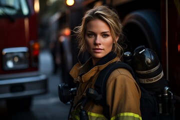 Fototapeta na wymiar Courageous Lady Firefighter in Protective Uniform. Generative AI