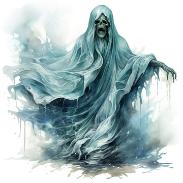 Watercolor Scary Beautiful Wavy Ghost: Halloween Art. Generative A