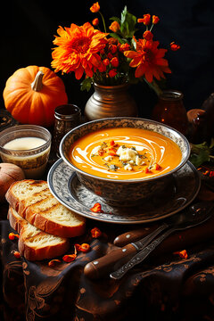 Pumpkin soup in the style of Flemish painting. AI generativ.