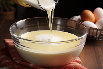whisking eggs and milk for a fluffy omelette in a mixing bowl