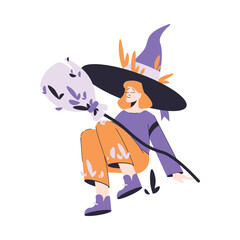 Happy Woman Witch Character at Halloween Party in Pointed Hat Sit with Broom Vector Illustration