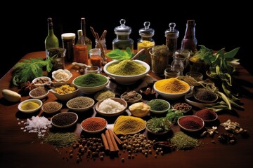 Obraz na płótnie Canvas a neatly arranged mise en place with spices and herbs