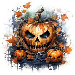 Spooky Carved Pumpkins: Watercolor Art for Halloween. Generative Ai