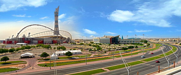 panoramic view from Sports City Doha Qatar The Torch Tower and Kalifa International Stadium
