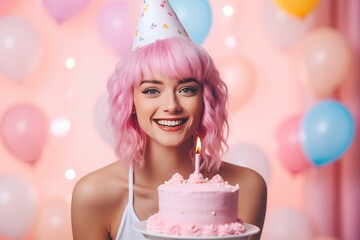 Obraz na płótnie Canvas Happy European Girl With Pink Hair With Cake Pastel Pink Background. Pink Hair, Pink Background, Cake, European Girl, Joy, Celebrations, Sweet Treats, Happiness