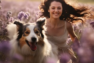 young adult woman holding her dog , outdoor flower field , AI Generated