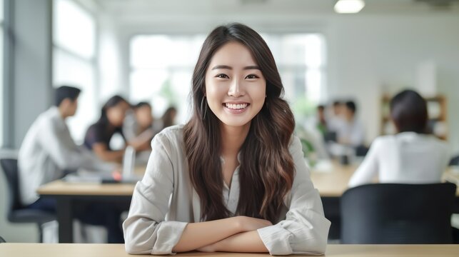 Happy young Asian businesswoman in the office background. Generative ai