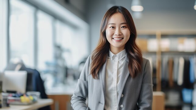 Happy young Asian businesswoman in the office background. Generative ai